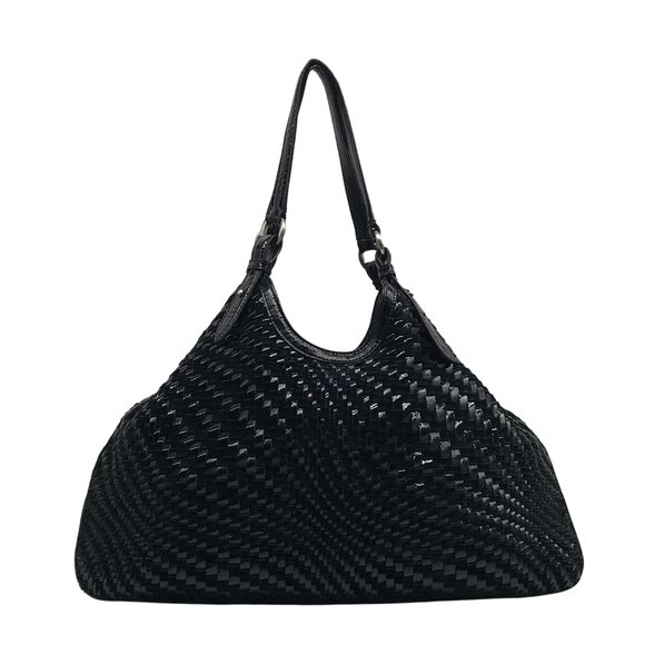 Cole Haan Black Patent Leather Genevieve Woven Triangle Purse & Wallet